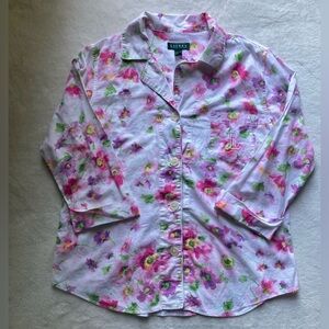 Lauren Ralph Lauren Floral Pajama Button Shirt Sz‎ Large Cotton Monogram Pocket